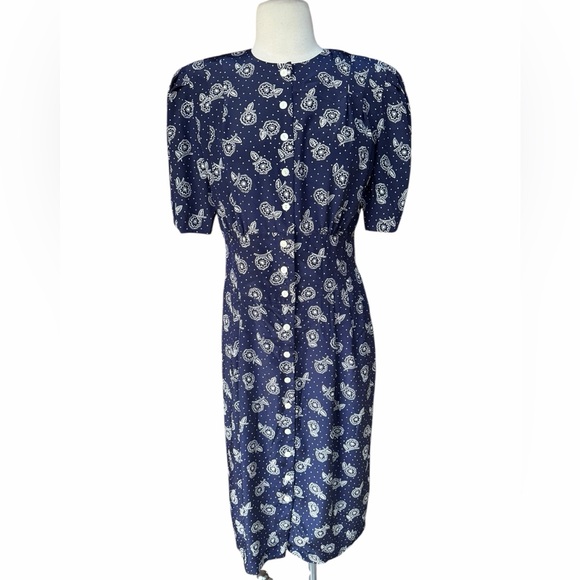 Vintage Dresses & Skirts - Late 80s/Early 90s does 40s Liz Claiborne Puff Sleeves Front Button Closure Day